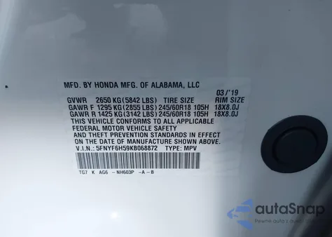 2019 Honda Pilot Ex-L z USA, uszkodzony, nr VIN 5FNYF6H59KB068872